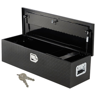 Coffre à outils robuste en aluminium pour benne de pick-up – Plaque diamantée étanche, étagère coulissante, serrure et clés, poignées latérales – Compatible pick-up, VR, remorque – Noir, 38 x 38 x 122 cm, 2 barres de gaz, 1 coffre coulissant
