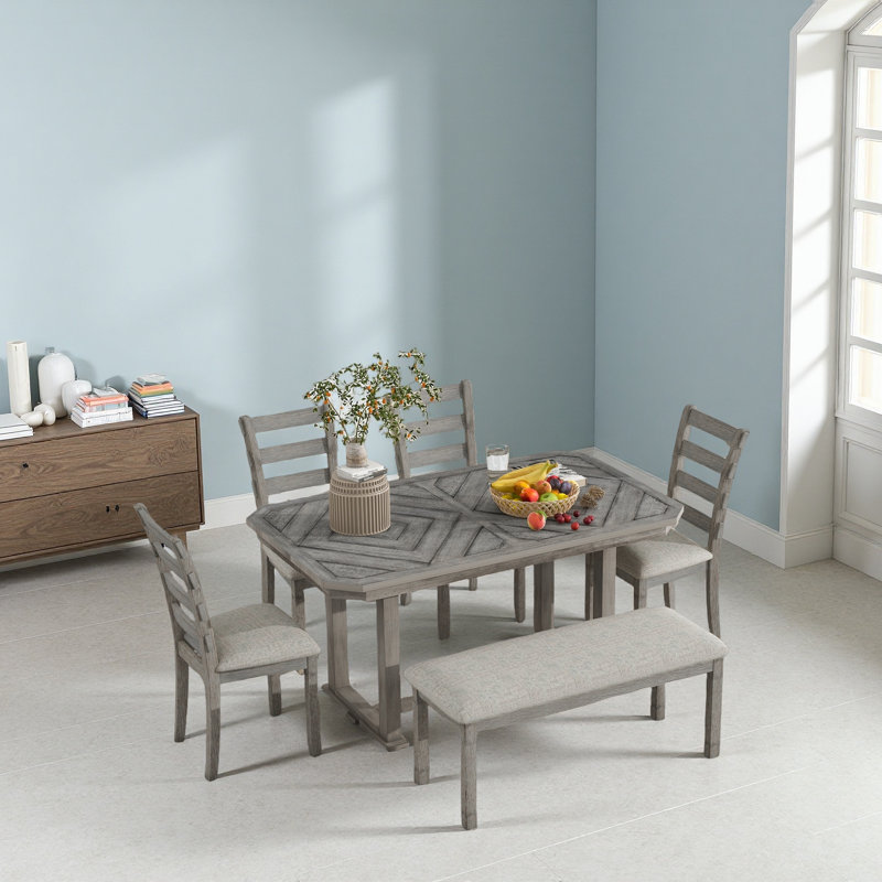 6-Piece Rubber Wood Dining Table Set With Beautiful Wood Grain Pattern Tabletop Solid Wood Veneer, Grey