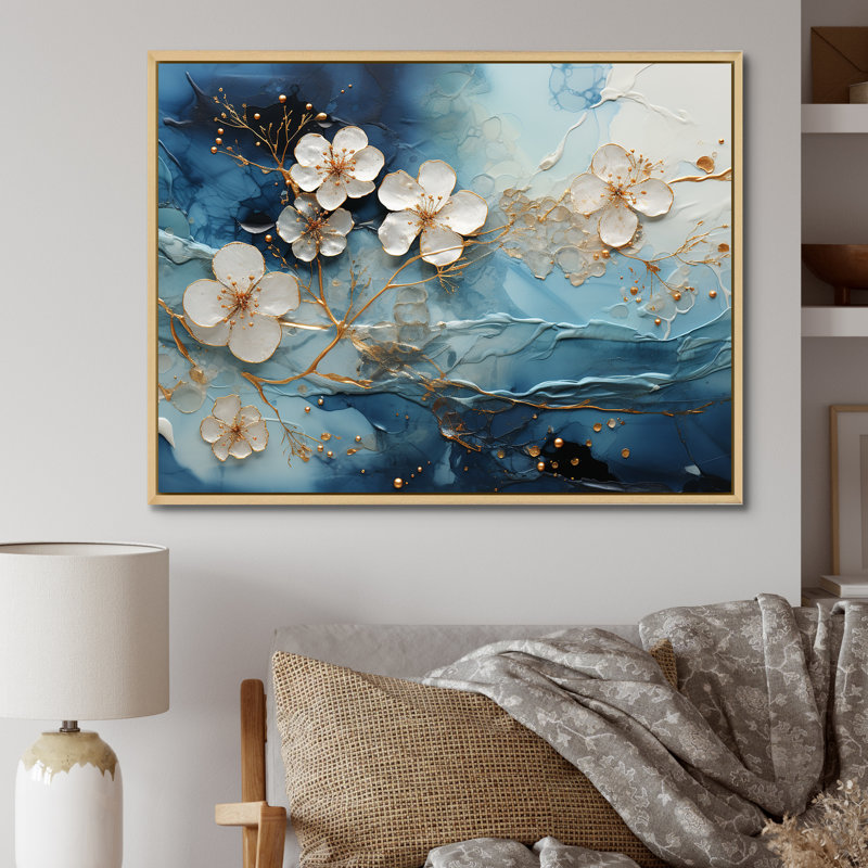 Encre liquide blanche et bleue II - Fleurs, art mural, Cadre flottant blanc, H 24 po x l 32 po x P 1 po