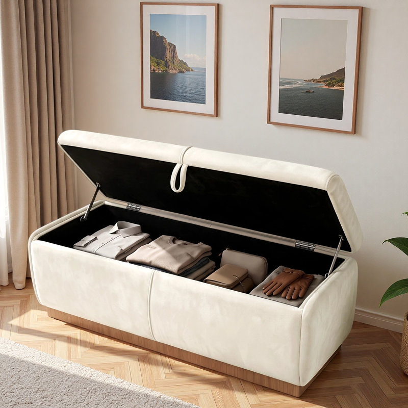 Banc moderne avec repose-pieds rembourré avec compartiment de rangement dissimulé, plateau rabattable et base en bois naturel
