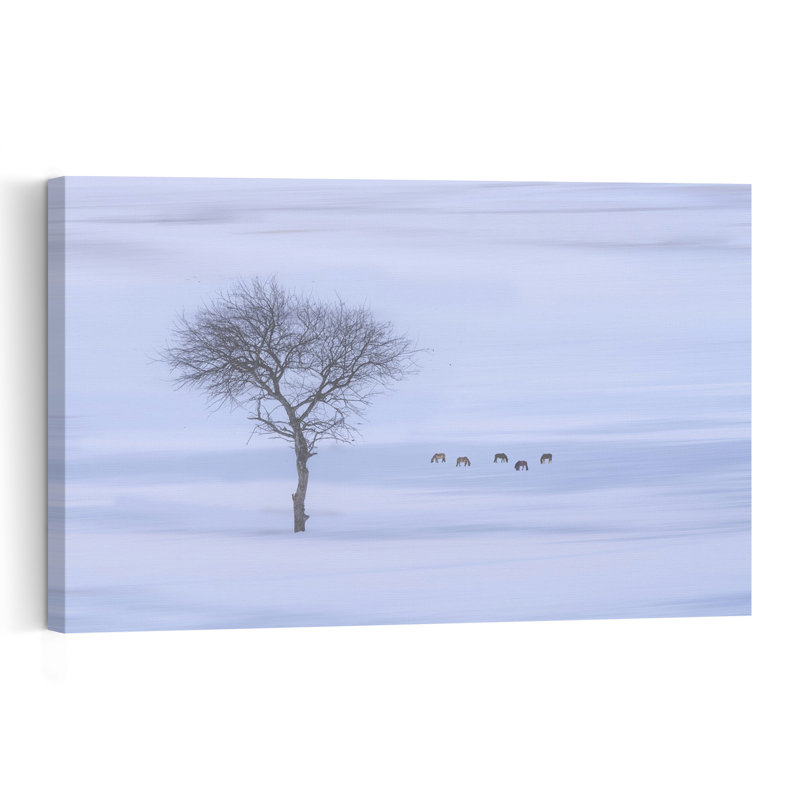 " Winter Deer And Bare Tree Ethereal Minimalist Peaceful Deer Horse Landscape Nature Wall Art Print " Print