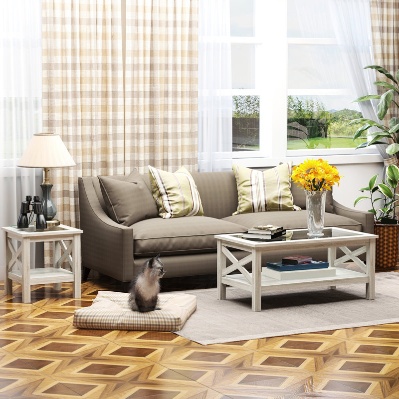 Table basse Style, 39,25 po x 21,75 po, chêne blanc avec plateau en verre trempé et rangement pour tablette de salon, Living