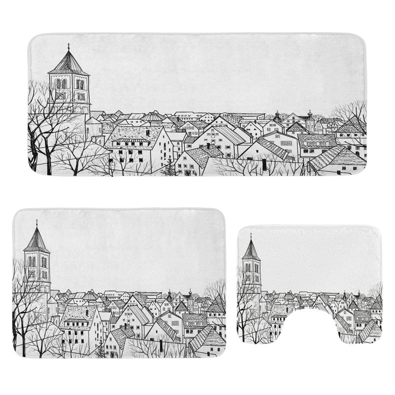  Ensemble de tapis de salle de bain blanc 3 pièces en U et tapis rectangulaires noir et blanc