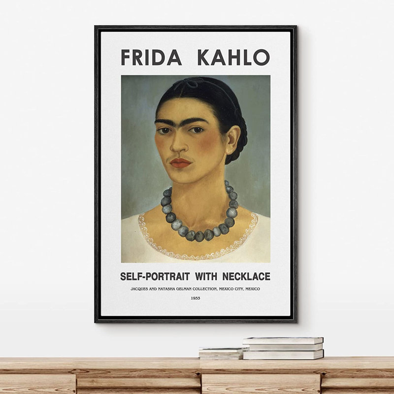 Art mural classique, impression sur toile, autoportrait avec collier, par Frida Kahlo, Noir, H 24 po x l 16 po