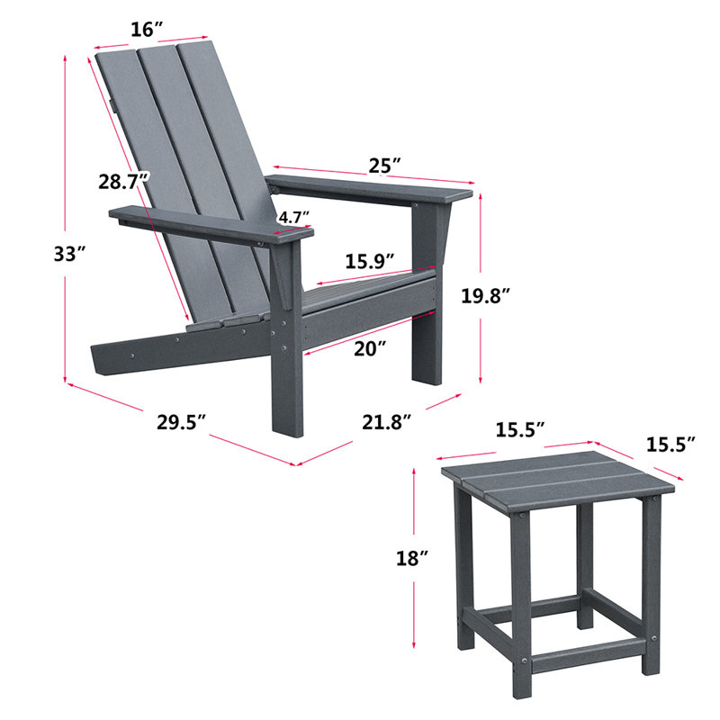 Ensemble de 2 chaises Adirondack avec table d'appoint, chaises de foyer d'extérieur toutes saisons pliables Adirondack