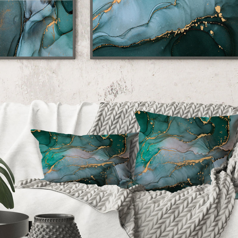 Turquoise et gris luxueux abstrait Art fluide II - coussin décoratif imprimé moderne, 18 po x 18 po