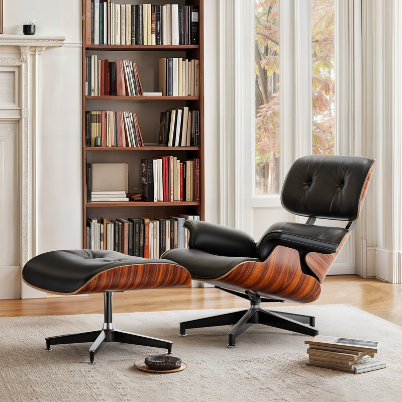 Swivel Accent Chair With Ottoman Lounge Chair, Dark Walnut/Black, 34'' H X 31.5'' W X 34.25'' D
