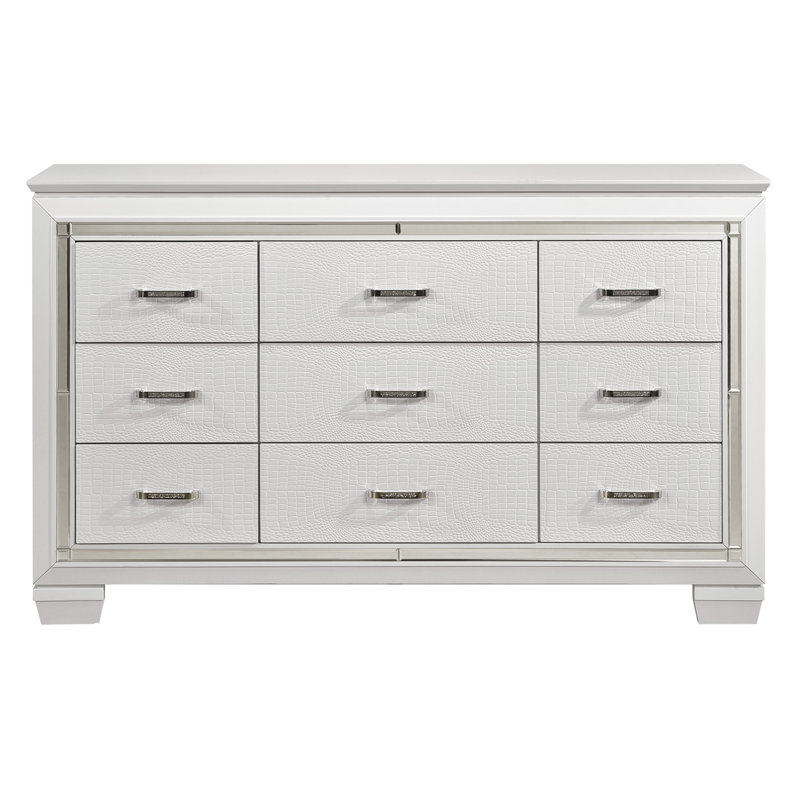 Mobilier de chambre à coucher en bois avec finition texturée et audacieuse 9 tiroirs, Blanc