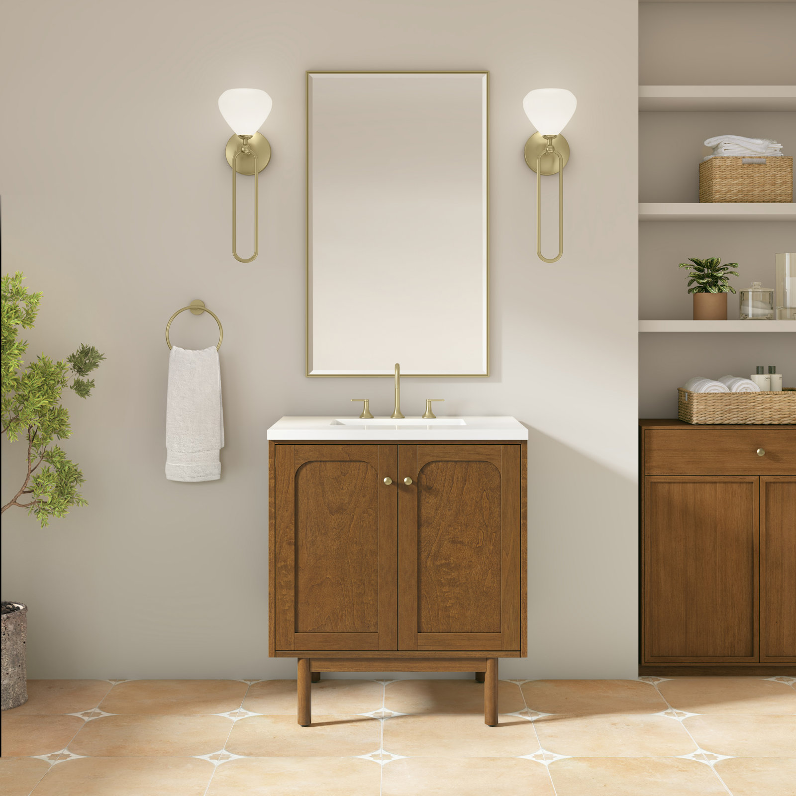 Laurent 30'' Single Bathroom Vanity, Honey Brown, White Zeus, 8" Widespread