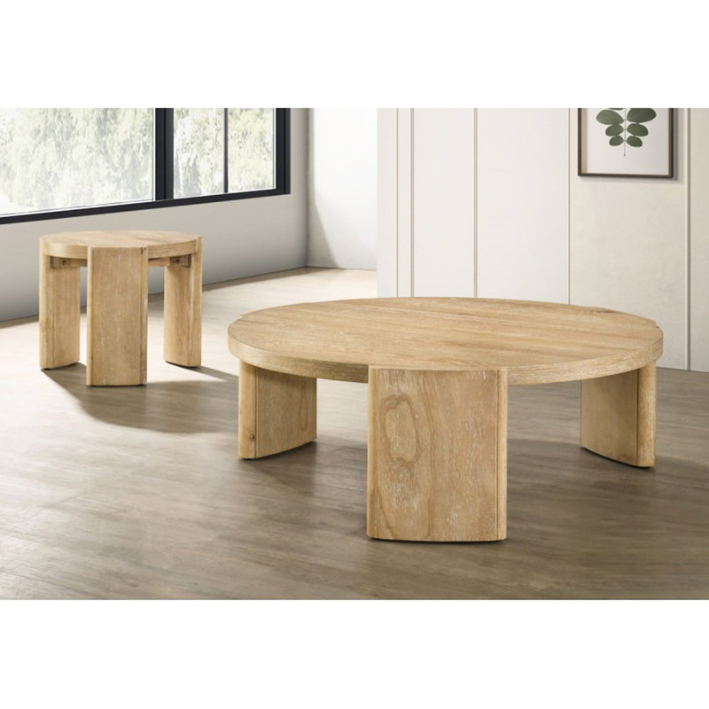 Table basse ronde de 40 pouces au fini bois de grève, polyvalente pour les intérieurs modernes et transitionnels, assortie à la table de bout, placage de chêne sur bois d'hévéa