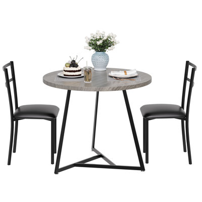 Ensemble de table de salle à manger moderne 3 pièces pour 2 personnes - Table de cuisine ronde peu encombrante avec chaises rembourrées - Structure en métal et plateau en grain de bois - Ensemble de salle à manger d'appartement ou de studio