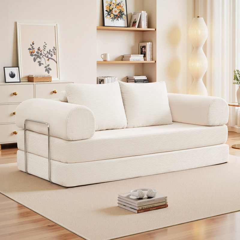 Foldable Modular Corduroy Sofa Bed Convertible Floor Couch , No Assembly Required for Living Room, Bedroom, or Office, Beige