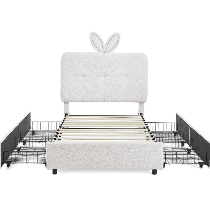 Lit simple avec grande tête de lit en lapin, télécommande à DEL, 4 tiroirs de rangement, tissu Boucle, doux et doux, chambre à coucher à structure stable surdimensionnée pour un sommeil réparateur