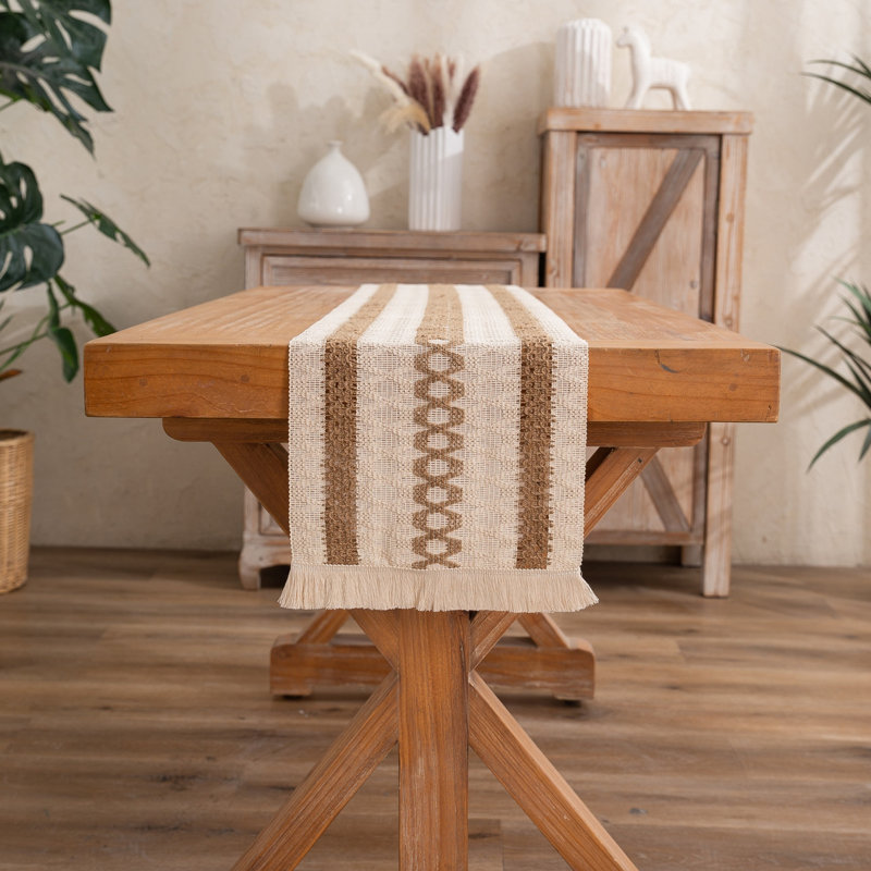 Farmhouse Rustic Table Runner With Tassels, 12" x 78"