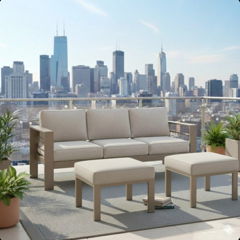 Set of 2 All-Weather Metal Patio Ottomans with Thick Beige Cushions and Khaki Frame for Outdoor Relaxation and Versatility