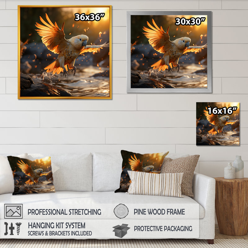 Perroquets jaunes coucher de soleil doré vol I, Cadre flottant blanc, 16" H x 16" W