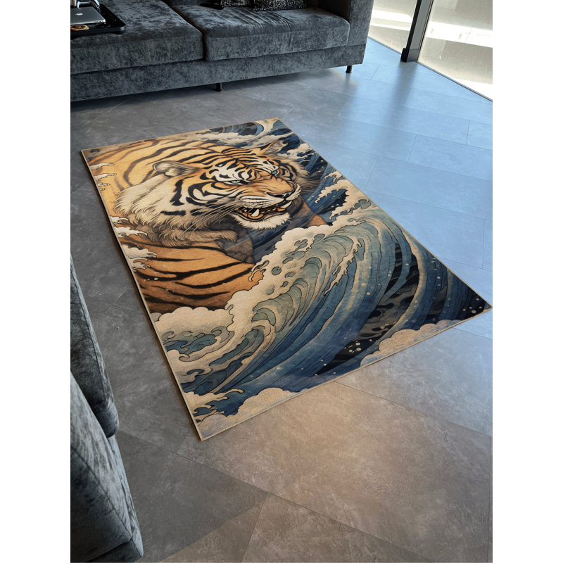 Tapis décoratif moderne multicolore à motif de tigre surréalisme, Rectangle 4 pi 11,06 po x 9 pi 10,11 po