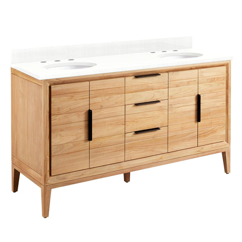 60" Aliso Double Bathroom Vanity Set with Oval Undermount Sinks, Feathered White Quartz, Natural Teak