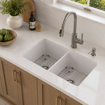 32" L ×19" W Ceramic Double Bowl Undermount Kitchen Sink with Sink Grid and Strainer