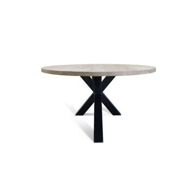 Oak Round Solid Wood Top Metal Base Dining Table