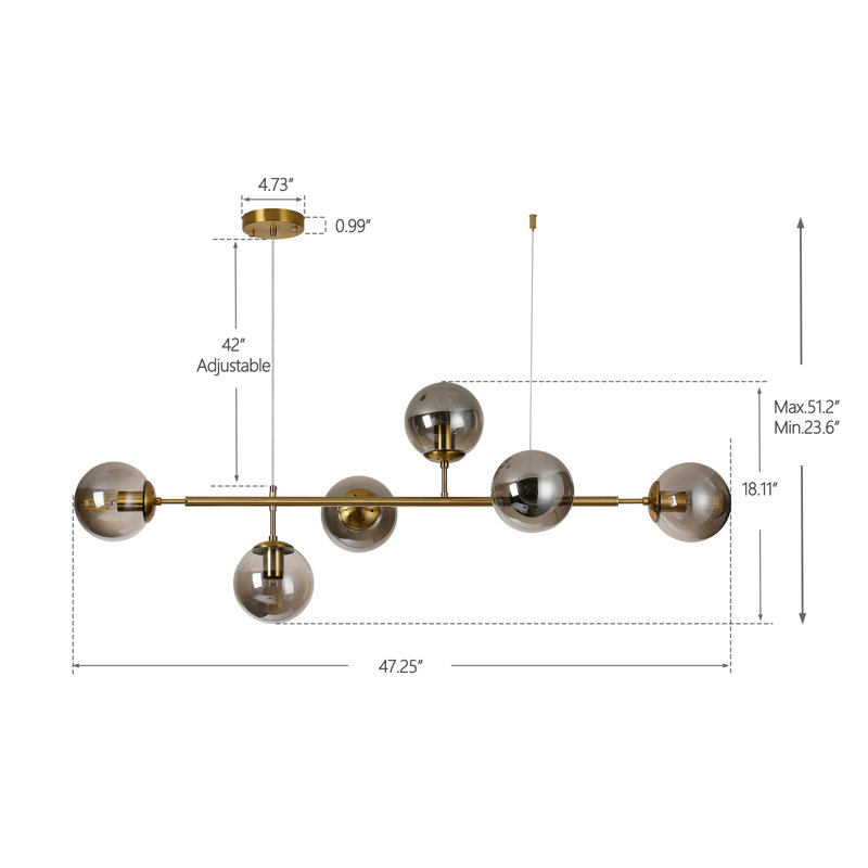 6-Light Gold Mid-Century Chandelier Adorned With Spherical Smoke Gray Glass Orbs