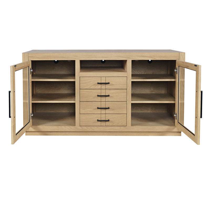 Console média contemporaine 60 po avec portes en verre trempé, tiroirs et tablettes réglables Kavia - chêne clair, Bois brun