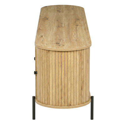 Meuble télé de style américain avec portes arquées en rotin, tiroirs, rangement dissimulé, pieds en acier, coins arrondis