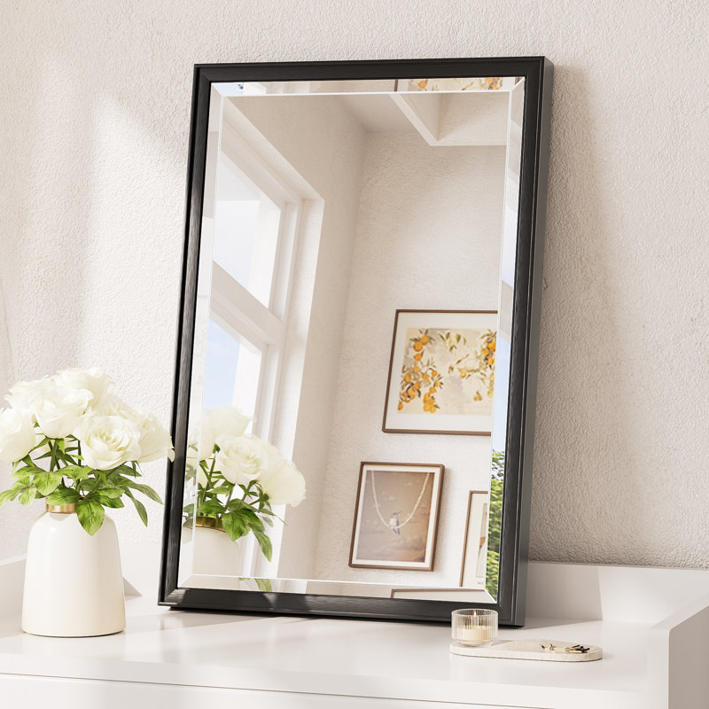 Rectangle Beveled Bathroom Accent Vanity Mirror with Aluminum Frame Tempered Glass , Black, 24" x 16"