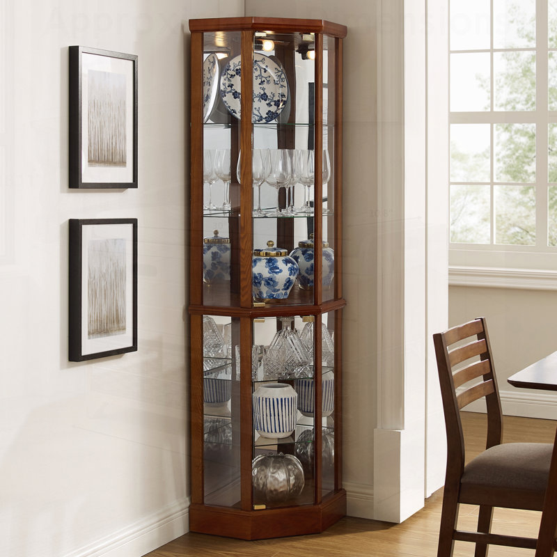 Vitrine de coin lumineuse 6 tablettes avec tablettes réglables en verre trempé et dossier en miroir, Noyer