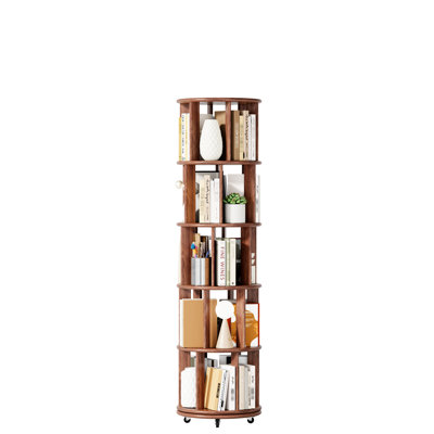 Bibliothèque rotative rotative 100% en bois massif à 5 niveaux 360 ° sur roulettes pour, chambre à coucher, bureau, petit espace et coin, couleur noyer avec roulettes verrouillables, conception amovible