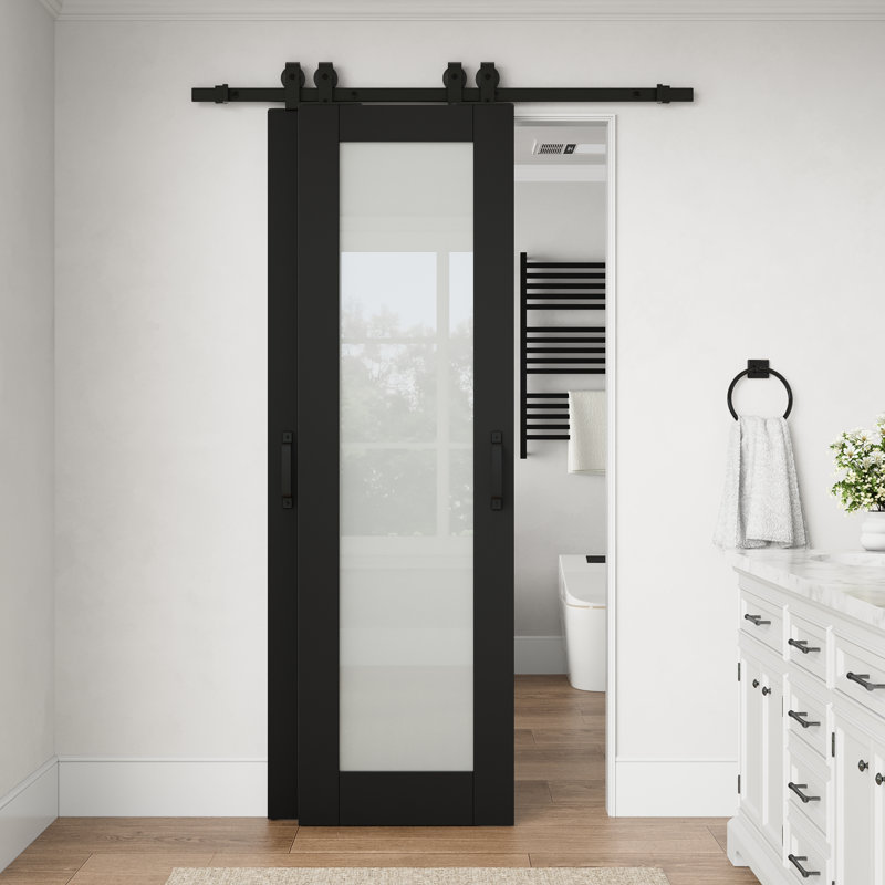 Porte intérieure standard 40 po x 80 po, 1 vantail, en verre trempé dépoli noir, avec ensemble de quincaillerie pour porte coulissante de style grange, idéale pour le garde-manger et la cuisine.