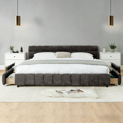 California King Upholstered Bed Frame With Headboard & Storage Drawers