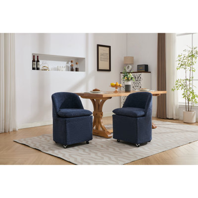 De 2 chaises de salle à manger en chenille bleue avec 360 roues pivotantes et mousse à dossier doux