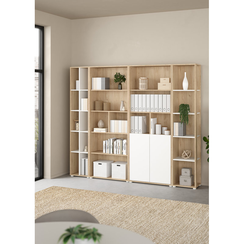 Embrie 31.34"W x 80.59" W 6 Shelf Bookcase With 2 Doors, Home Office Storage, White/Natural