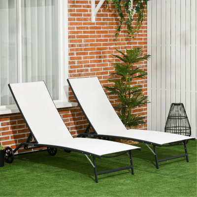 Chaise Lounge Outdoor, 2 Piece Lounge Chair With Wheels, Tanning Chair With 5 Adjustable Positions For Patio, Beach, Yard, Pool, Cream White