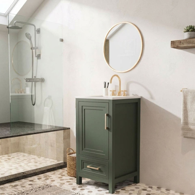 Meuble-lavabo autoportant 18 po avec lavabo simple en céramique intégré, vert olive, Sage Green
