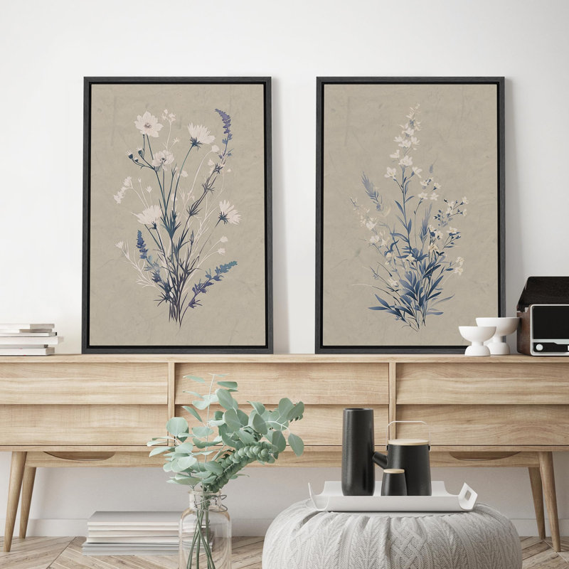 «Elegant Floral Silhouettes Botanical», 2 pièces sur toile, Cadre noir, H 36 po x l 24 po