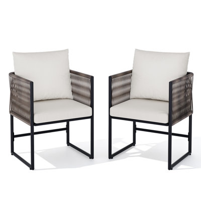 Ensemble de 2 chaises de patio en rotin en PE avec coussins amovibles, mobilier d'extérieur toutes saisons à structure en fer pour bistro de jardin avec balcon, beige