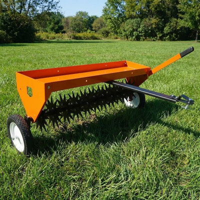 40 Inch Tow Behind Lawn Aerator with 150 lb Weight Tray Universal Hitch and Transport Wheels for Tractor