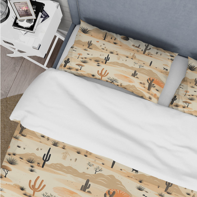 Sandy Beige Desert Boho Pattern Floral Duvet Cover, Queen Duvet Cover + 2 Standard Shams