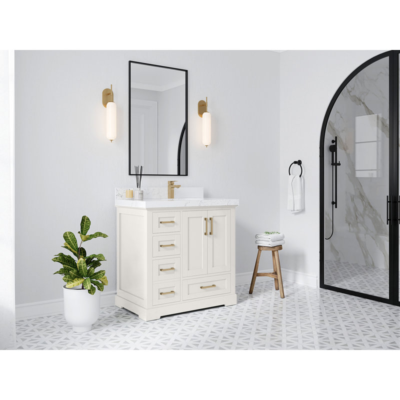 Boston 36 po X P 22 po D Meuble-lavabo décalé à droite en albâtre avec 2 po Quartz gris perle, Blanc
