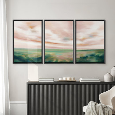 " Pastel Watercolor Pink Cloud Sky Green Countryside Hill Abstract Landscape Rustic Art Decor Scenic " 3 - Pieces on Canvas