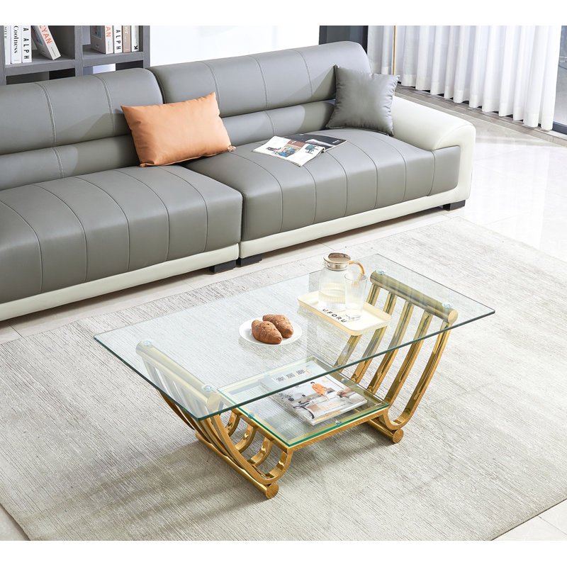 Table basse rectangulaire moderne en acier inoxydable de 47 po, table basse en verre trempé transparent à deux couches, table centrale avec rangement, pour le bureau à domicile, assemblage facile