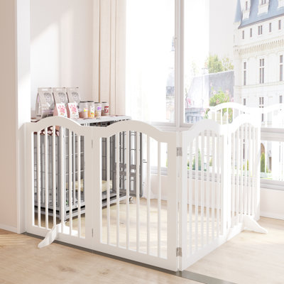4 barrières en bois pour chien de 27,6 po de hauteur, autoportantes et pliables, pour divers espaces. Matériau: clôture en bois massif pour animaux de compagnie, couloirs, cuisines, portes. Coussins de réduction du bruit