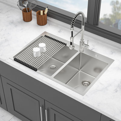Double Bowl (60/40) Drop In Sink - 33"X22"X10" Stainless Steel Kitchen Sink 16 Gauge With Two 10" Deep Basin