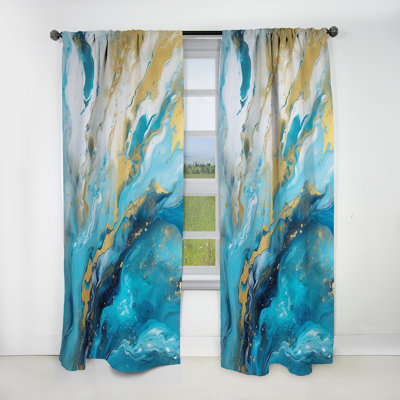 Turquoise Gold Infused Marble III - Fractals Blackout Abstract Curtain - 1 Panel