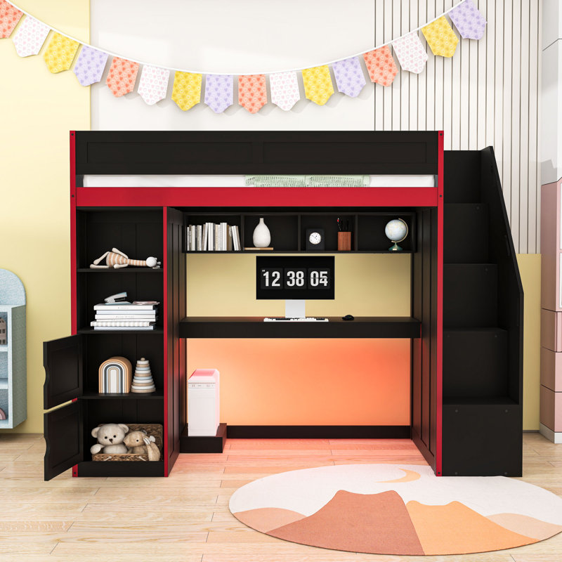 Loft Bed with Desk, LED Lights, Storage Locker, Shelves and Wardrobe, Twin