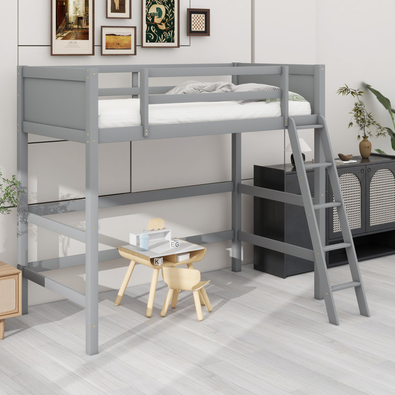 Solid Wood Loft Bed With Ladder, Gray