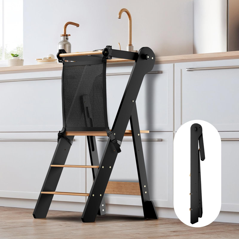 35.4'' Foldable Adjustable Toddler Stool with Safety Rail, Kids Wooden Learning Tower, Black