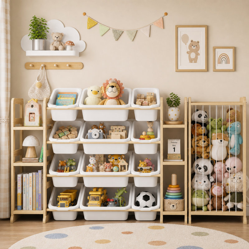 Tour de rangement pour jouets 3 en 1 avec 12 bacs et 6 tablettes, rangement pour jouets en peluche